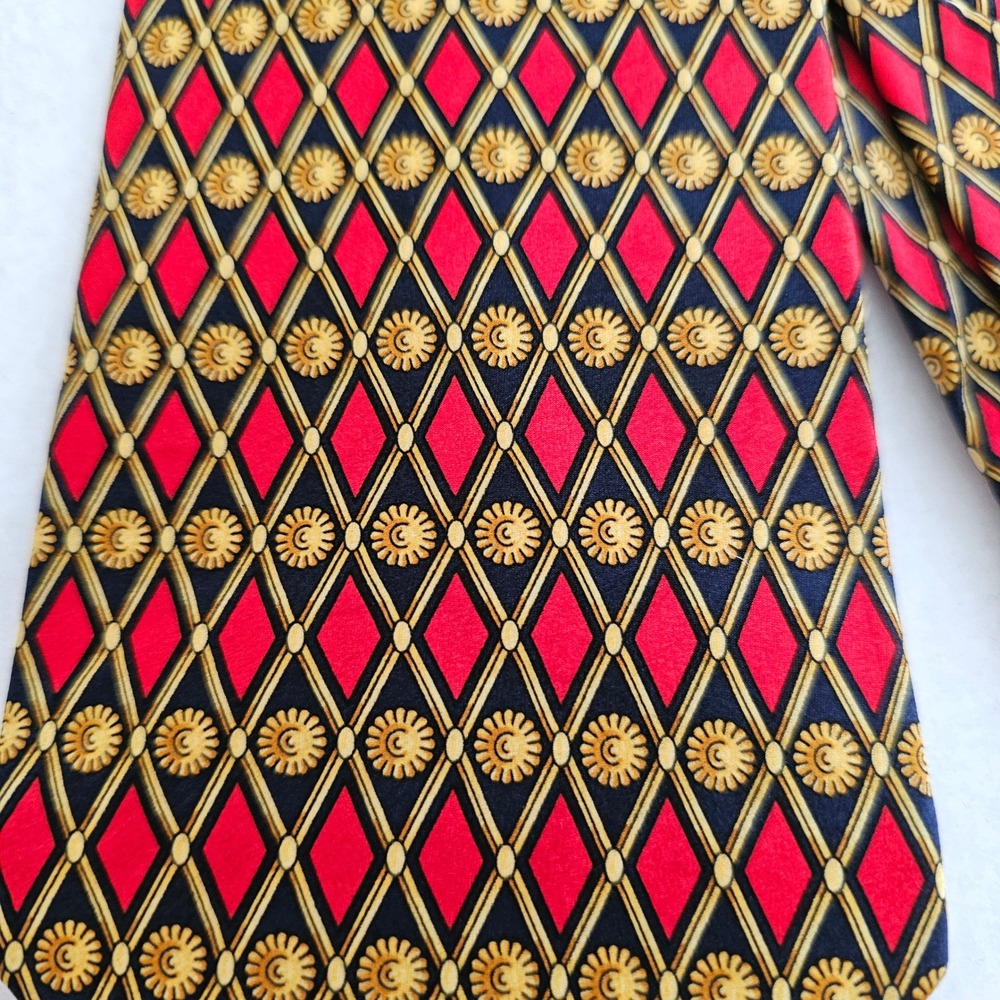 Zianetti Italian Silk Tie Mens Red Navy Gold Diamond Sunburst Geometric USA made - Picture 2 of 5